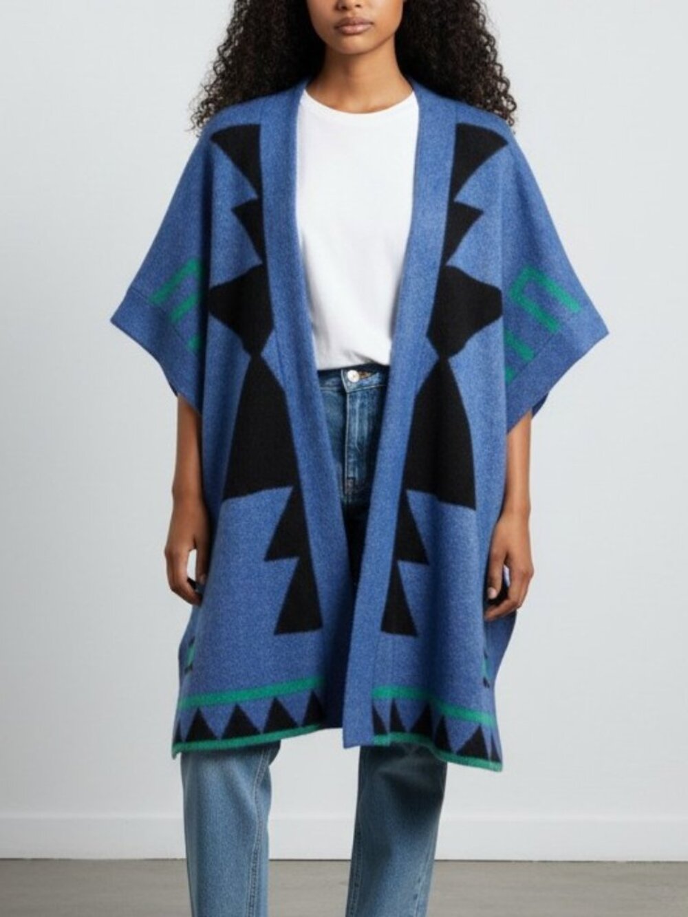 Ashro Jameela Blue Black Geometric Metallic Poncho Cardigan OS